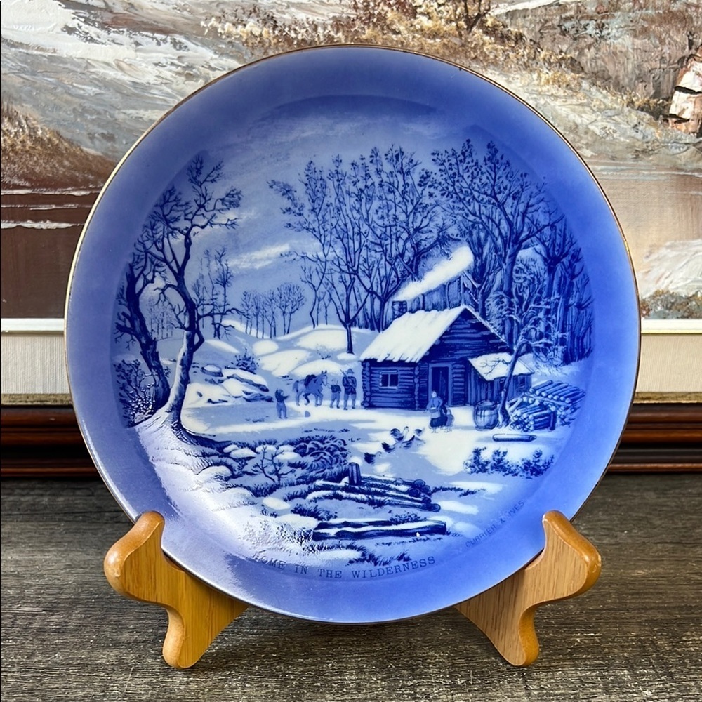 Vtg Currier & Ives Home in the Wilderness Blue Decorative Plate Winter Japan